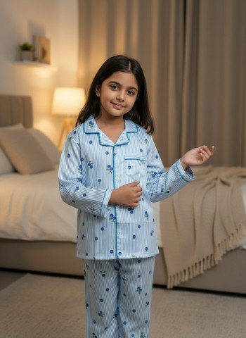 Kids Premium Satin Pink Heart Print Full Sleeve Night Suit
