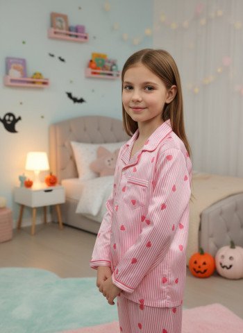 Kids Premium Satin Pink Heart Print Full Sleeve Night Suit