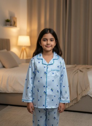 Kids Premium Satin Pink Heart Print Full Sleeve Night Suit