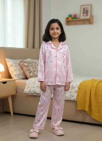 Kids Premium Satin Pink Striped Printed Full Sleeve Night Suit
