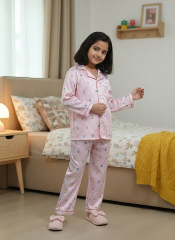 Kids Premium Satin Pink Striped Printed Full Sleeve Night Suit