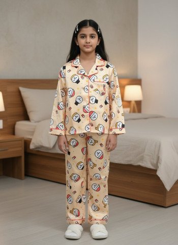 Kids Premium Satin Printed Full Sleeve Night Suit     Beige