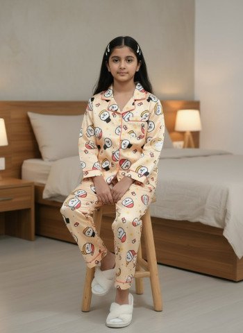 Kids Premium Satin Printed Full Sleeve Night Suit     Beige
