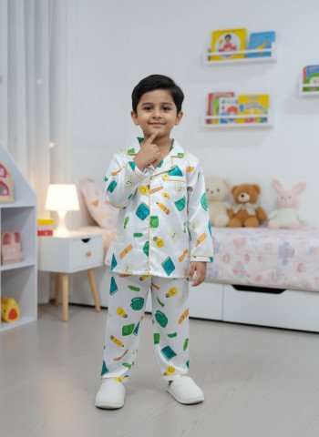 Kids Premium Satin School Essentials Printed Full Sleeve Night Suit – White
