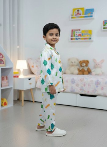 Kids Premium Satin School Essentials Printed Full Sleeve Night Suit – White
