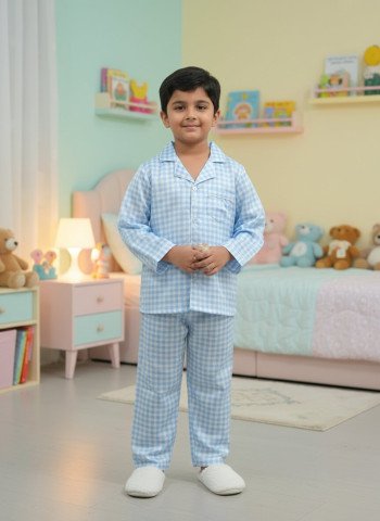 Kids Premium Satin Sky Blue Checkered Full Sleeve Night Suit