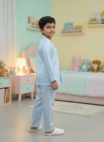 Kids Premium Satin Sky Blue Checkered Full Sleeve Night Suit