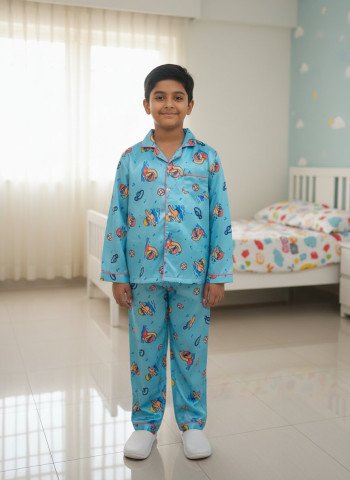 Kids Premium Satin Sky Blue Sports Printed Full Sleeve Night Suit