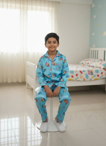 Kids Premium Satin Sky Blue Sports Printed Full Sleeve Night Suit