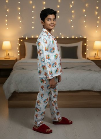 Kids Premium Satin Snow Globe Printed Full Sleeve Night Suit – White