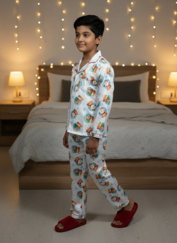 Kids Premium Satin Snow Globe Printed Full Sleeve Night Suit – White