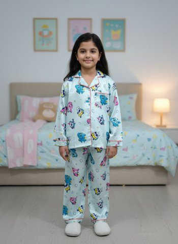 Kids Premium Satin Space Adventure Printed Full Sleeve Night Suit – Sky Blue