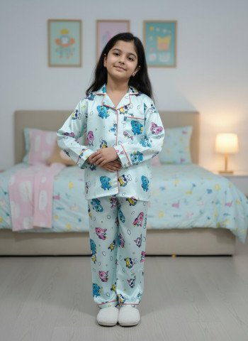 Kids Premium Satin Space Adventure Printed Full Sleeve Night Suit – Sky Blue