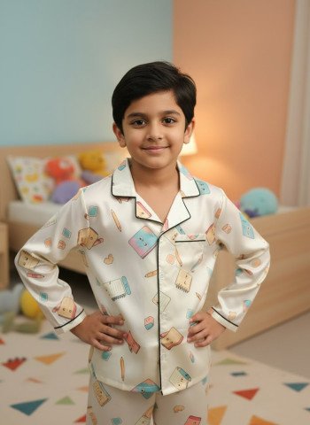 Kids Premium Satin Stationery Print Full Sleeve Night Suit