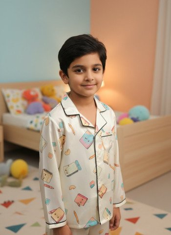 Kids Premium Satin Stationery Print Full Sleeve Night Suit