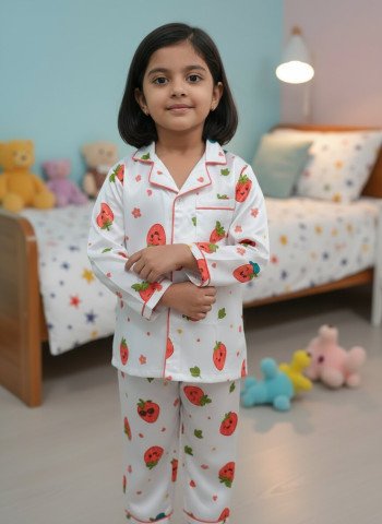 Kids Premium Satin Strawberry Print Night Suit