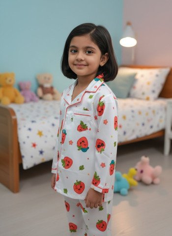 Kids Premium Satin Strawberry Print Night Suit