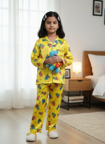 Kids Premium Satin Yellow Colourful Cartoon Printed Full Sleeve Night Suit