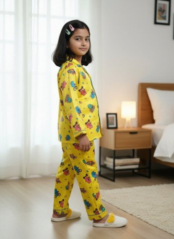 Kids Premium Satin Yellow Colourful Cartoon Printed Full Sleeve Night Suit