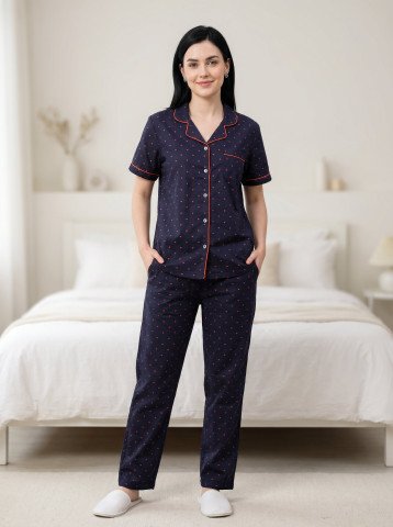 Navy Blue Heart Print 100  Cotton Women   s Night Suit