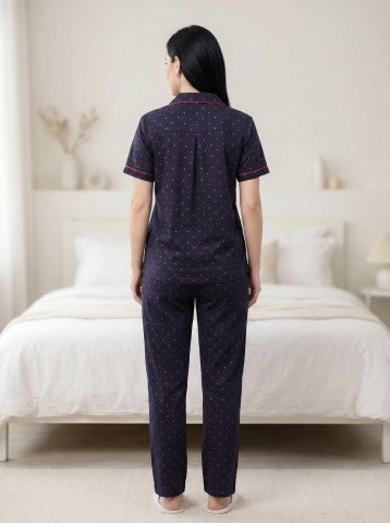 Navy Blue Heart Print 100  Cotton Women   s Night Suit