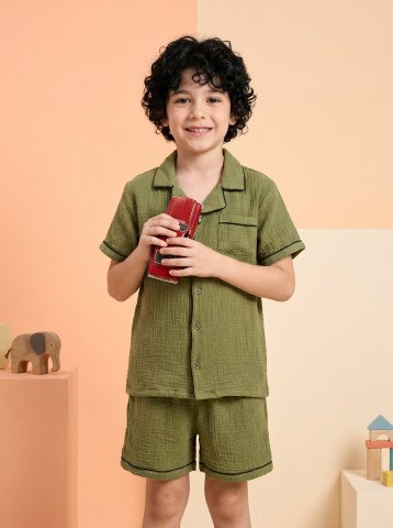 Olive Green Double Cloth Muslin Kids Short Night Suit
