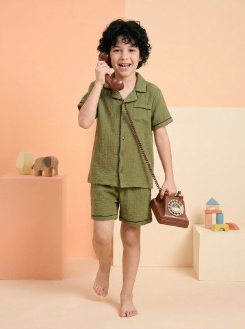 Olive Green Double Cloth Muslin Kids Short Night Suit