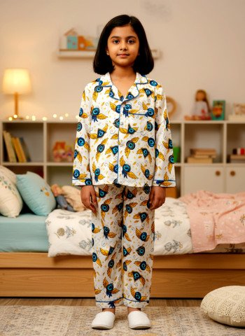 Peacock Feather Print 100  Cotton Unisex Kids Night Suit