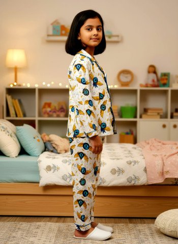 Peacock Feather Print 100  Cotton Unisex Kids Night Suit