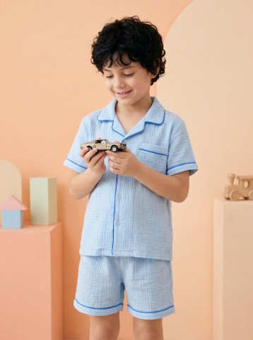 Sky Blue Double Cloth Muslin Kids Short Night Suit