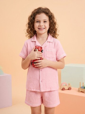 Solid Pink Double Cloth Muslin Kids Short Night Suit