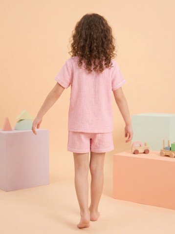 Solid Pink Double Cloth Muslin Kids Short Night Suit