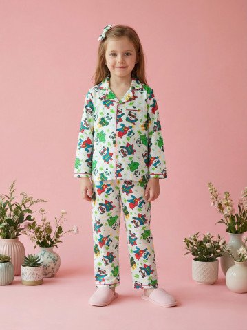Super Panda Print 100% Cotton Unisex Kids Night Suit