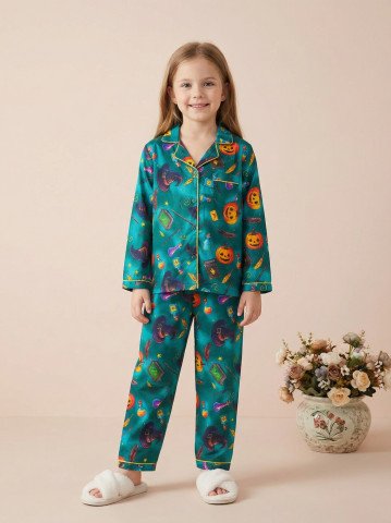 Teal Green Halloween Print 100  Cotton Kids Night Suit