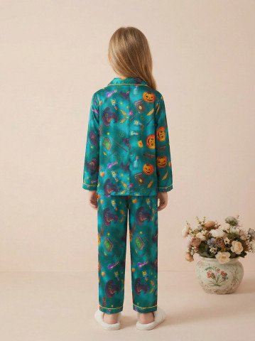 Teal Green Halloween Print 100  Cotton Kids Night Suit