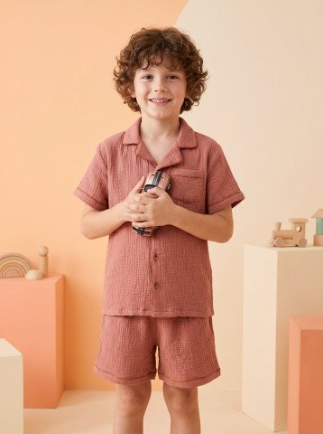 Terracotta Double Cloth Muslin Kids Short Night Suit