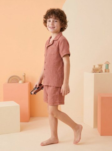 Terracotta Double Cloth Muslin Kids Short Night Suit