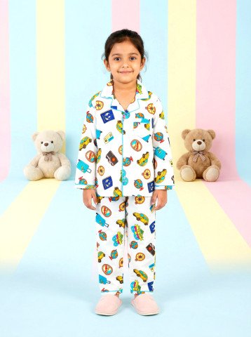 Travel Adventure Print 100% Cotton Unisex Kids Night Suit