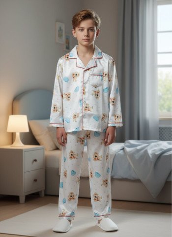 White & Sky Blue Lion Print Satin Kids Night Suit