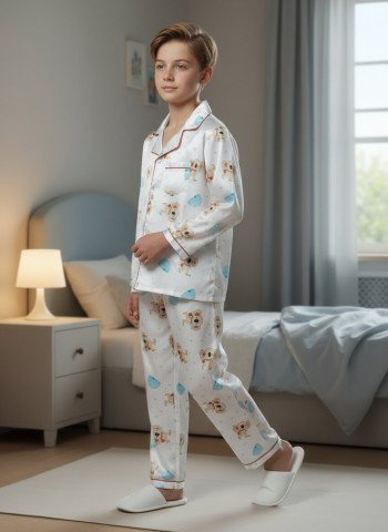 White & Sky Blue Lion Print Satin Kids Night Suit