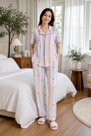 Women’s 100% Cotton Multicolor Striped Night Suit – Heart Print Pajama Set