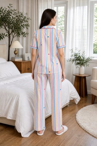 Women’s 100% Cotton Multicolor Striped Night Suit – Heart Print Pajama Set