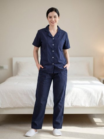 Women’s 100% Cotton Navy Blue Micro Dot Print Night Suit – Shirt & Pajama Set