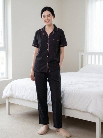 Women’s 100% Cotton Navy Blue Micro Dot Print Night Suit – Shirt & Pajama Set