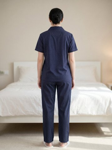 Women’s 100% Cotton Navy Blue Micro Dot Print Night Suit – Shirt & Pajama Set