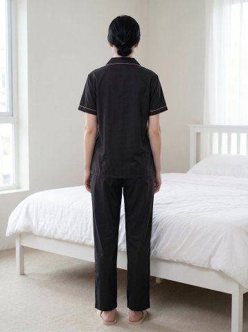 Women’s 100% Cotton Navy Blue Micro Dot Print Night Suit – Shirt & Pajama Set