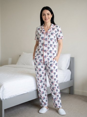 Women’s 100% Cotton Navy Heart & Floral Print Night Suit – White Pajama Set