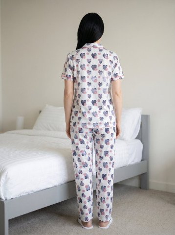 Women’s 100% Cotton Navy Heart & Floral Print Night Suit – White Pajama Set