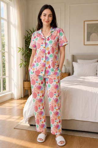 Women’s 100% Cotton Pastel Bubble Print Night Suit – Pink Multicolor Pajama Set