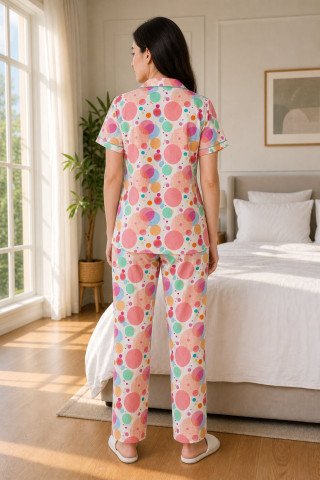 Women’s 100% Cotton Pastel Bubble Print Night Suit – Pink Multicolor Pajama Set